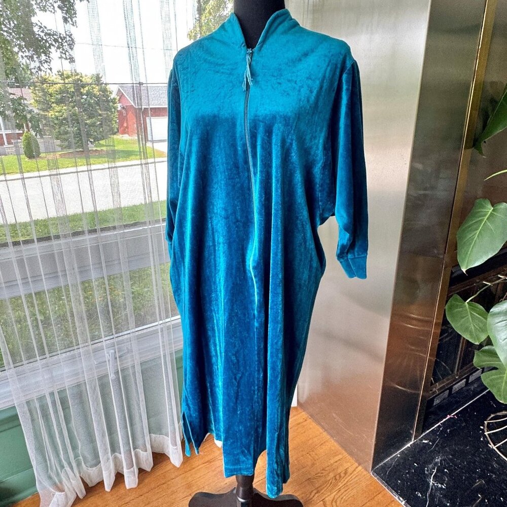 Vintage 80s robe, peacock blue velvet, batwing sleeves, front sipper, Sears